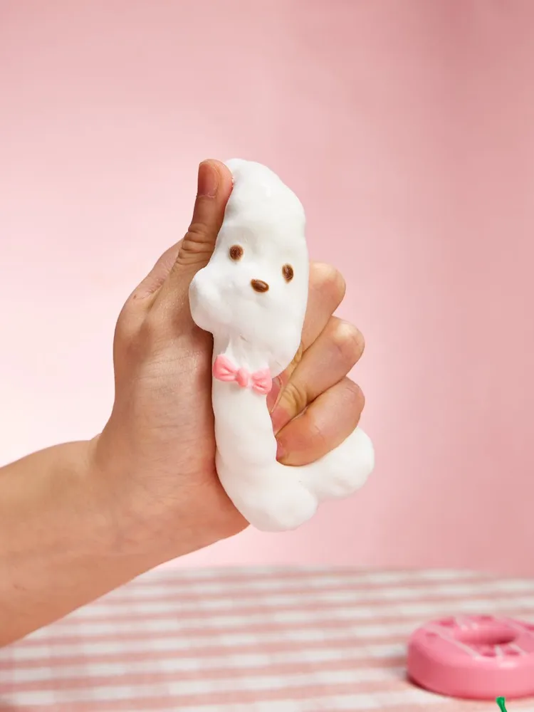 Flocked White Teddy Dog with Pink Bow Taba Squishy — photo 3