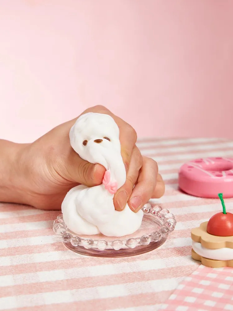 Flocked White Teddy Dog with Pink Bow Taba Squishy — photo 4