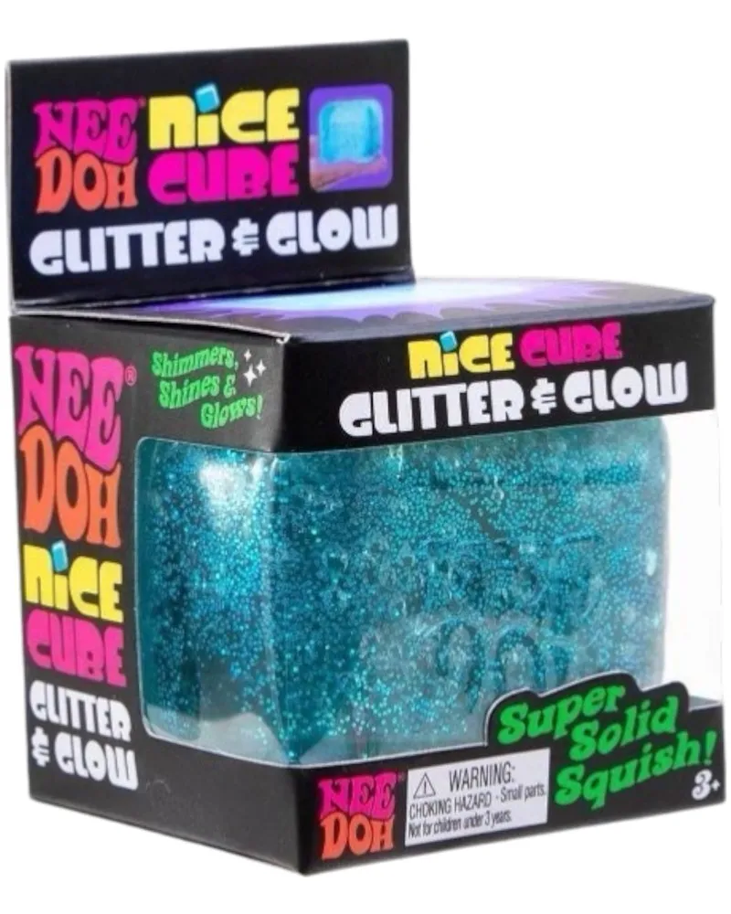 NeeDoh Nice Cube Glitter and Glow Squishy Fidget Toy Blue