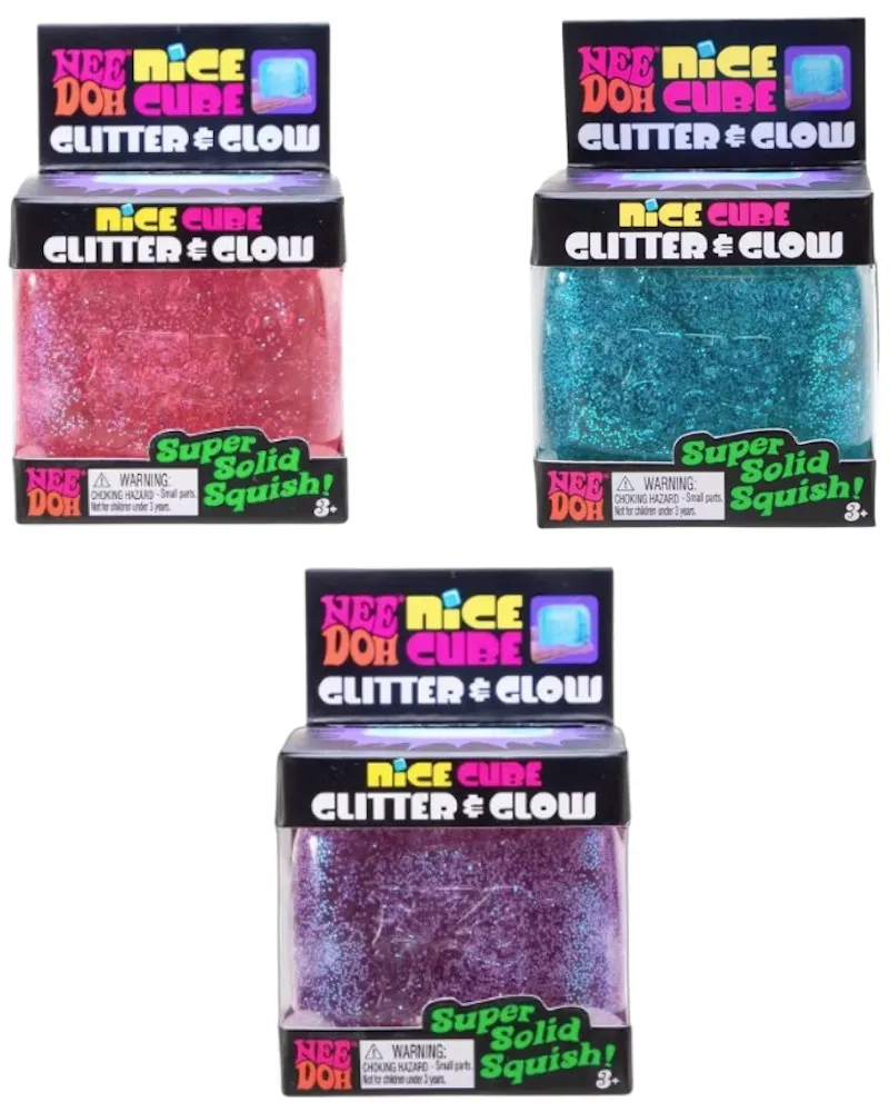 NeeDoh Nice Cube Glitter and Glow Squishy Fidget Toy Set of 3 Pink/ Purple/ Blue